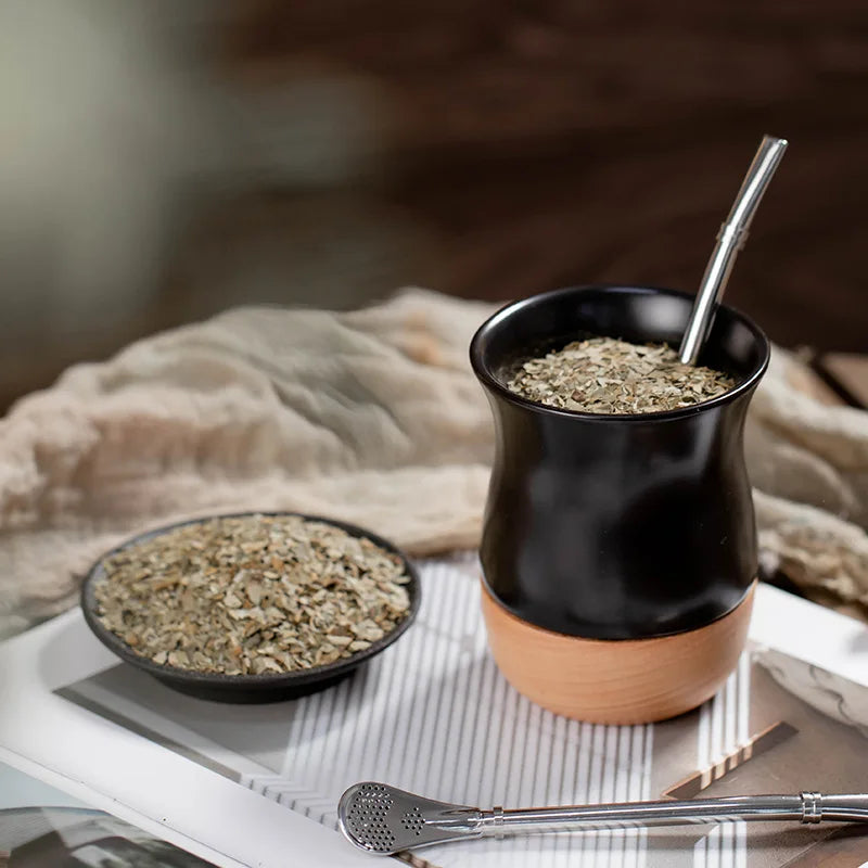 Creative Retro Wooden Coarse Clay Mate Cup 250ml Ceramic Yerba Mate Tea Cup Wood Base (no straw)