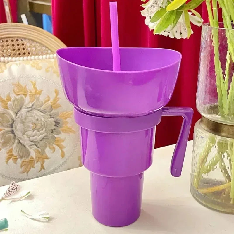 New 2 IN 1 Creative Popcorn Snack Cup Integrated Beverage Cup with Handle Portable Beverage Cup Novel Design and Many Functions