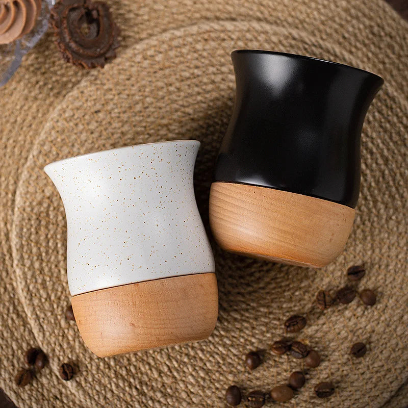 Creative Retro Wooden Coarse Clay Mate Cup 250ml Ceramic Yerba Mate Tea Cup Wood Base (no straw)