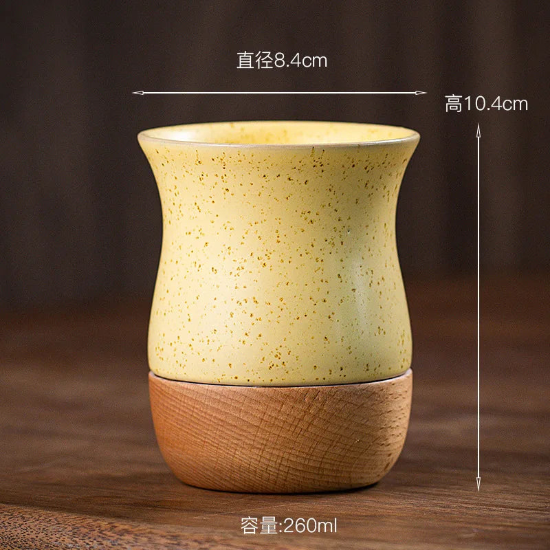 Creative Retro Wooden Coarse Clay Mate Cup 250ml Ceramic Yerba Mate Tea Cup Wood Base (no straw)