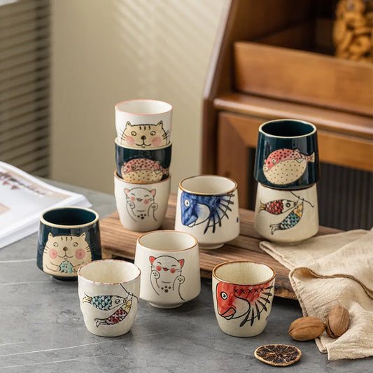 Japanese Tea Cups Cute Cartoon Cat Ceramica Cup Coffee Milk Matcha Mug Drinkware Sushi Restaurant Sake Teacups Household Kitchen