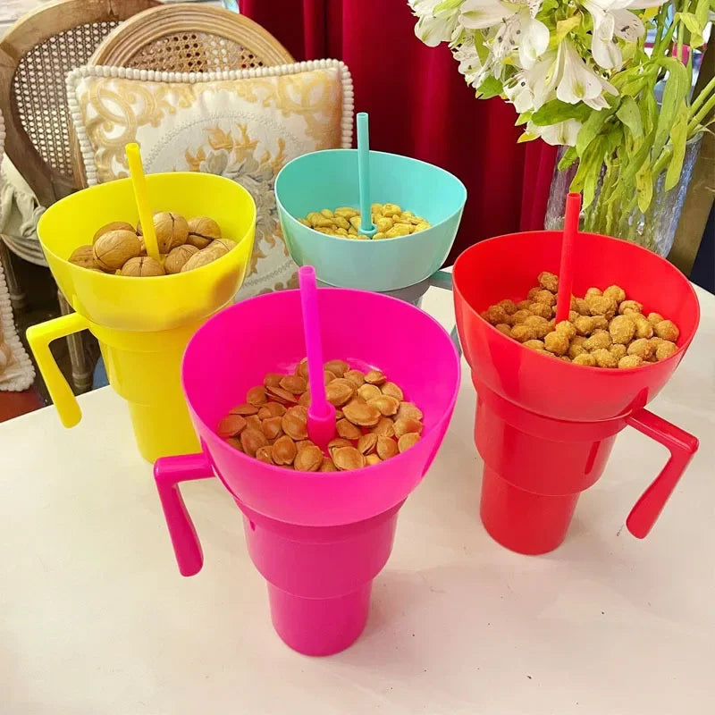 New 2 IN 1 Creative Popcorn Snack Cup Integrated Beverage Cup with Handle Portable Beverage Cup Novel Design and Many Functions
