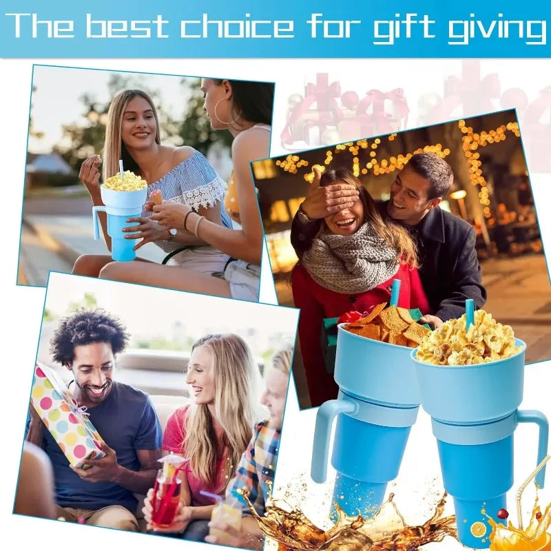 New 2 IN 1 Creative Popcorn Snack Cup Integrated Beverage Cup with Handle Portable Beverage Cup Novel Design and Many Functions