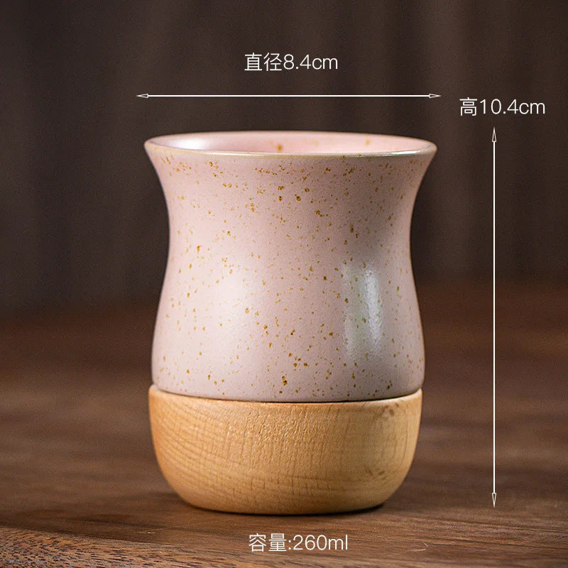 Creative Retro Wooden Coarse Clay Mate Cup 250ml Ceramic Yerba Mate Tea Cup Wood Base (no straw)
