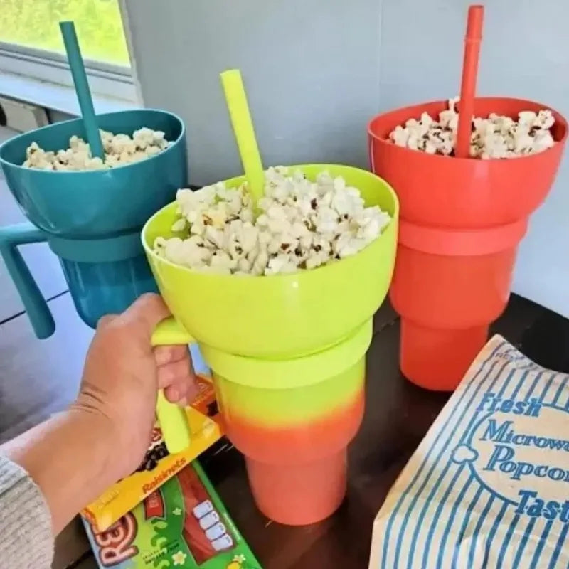 New 2 IN 1 Creative Popcorn Snack Cup Integrated Beverage Cup with Handle Portable Beverage Cup Novel Design and Many Functions