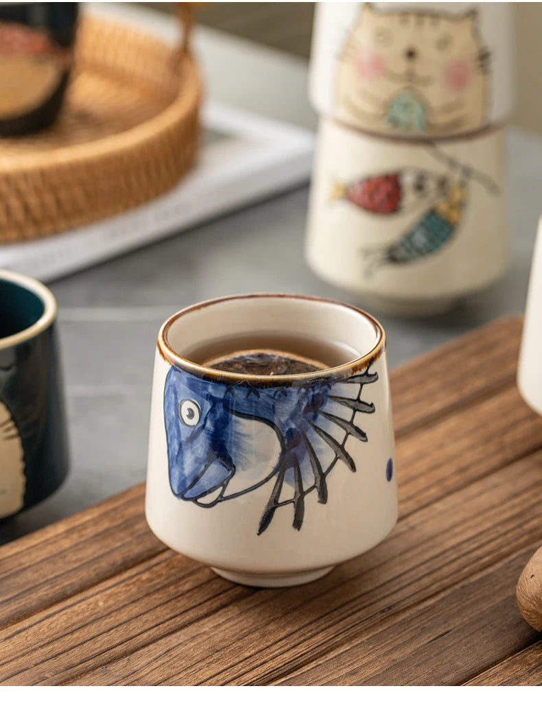 Japanese Tea Cups Cute Cartoon Cat Ceramica Cup Coffee Milk Matcha Mug Drinkware Sushi Restaurant Sake Teacups Household Kitchen