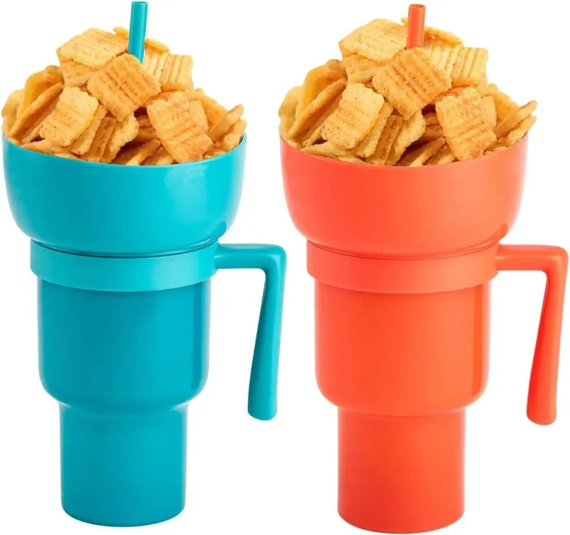 New 2 IN 1 Creative Popcorn Snack Cup Integrated Beverage Cup with Handle Portable Beverage Cup Novel Design and Many Functions