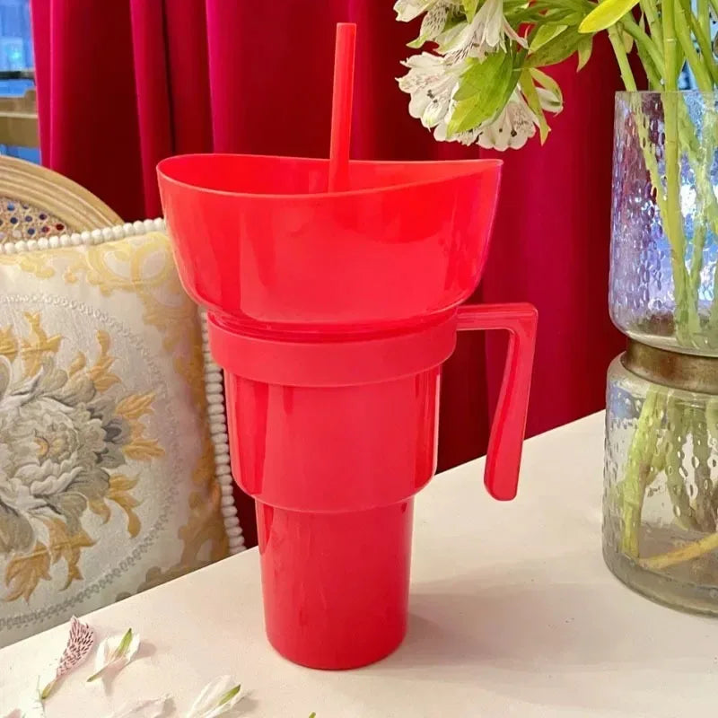 New 2 IN 1 Creative Popcorn Snack Cup Integrated Beverage Cup with Handle Portable Beverage Cup Novel Design and Many Functions