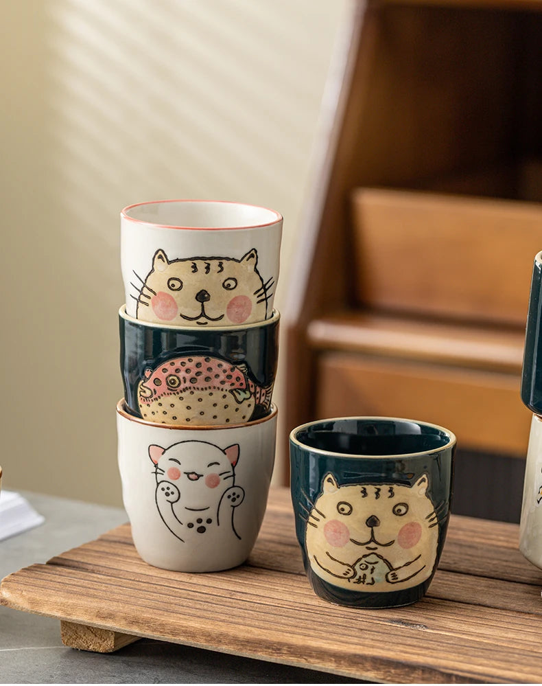 Japanese Tea Cups Cute Cartoon Cat Ceramica Cup Coffee Milk Matcha Mug Drinkware Sushi Restaurant Sake Teacups Household Kitchen