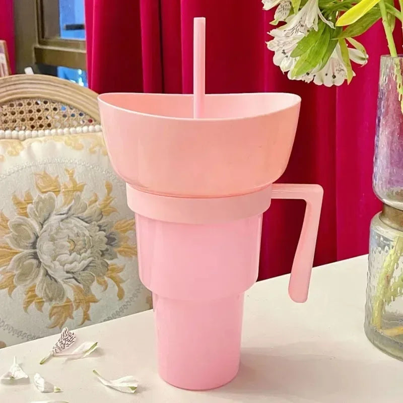 New 2 IN 1 Creative Popcorn Snack Cup Integrated Beverage Cup with Handle Portable Beverage Cup Novel Design and Many Functions