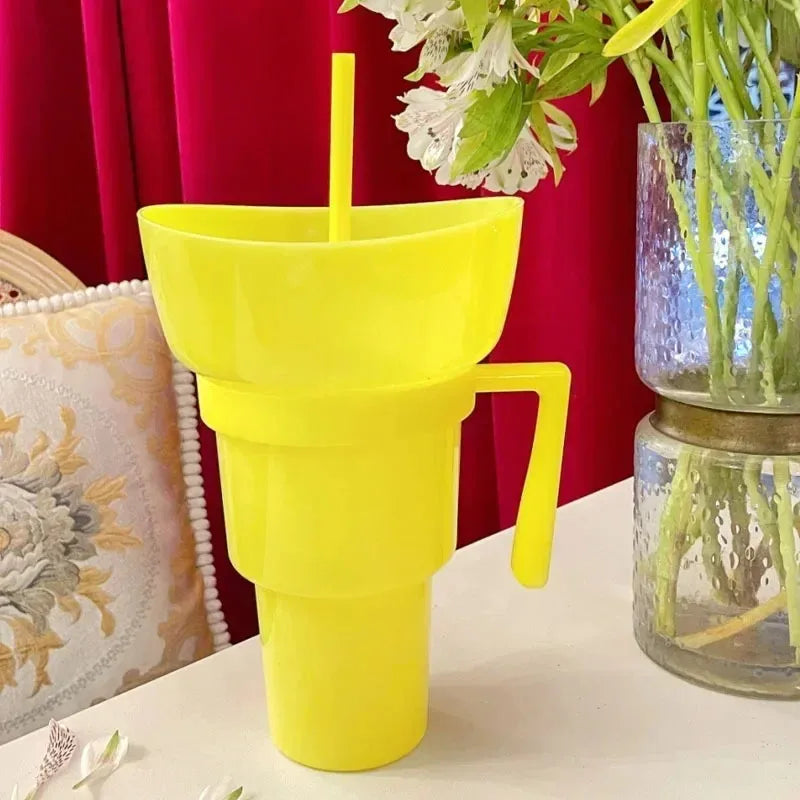 New 2 IN 1 Creative Popcorn Snack Cup Integrated Beverage Cup with Handle Portable Beverage Cup Novel Design and Many Functions