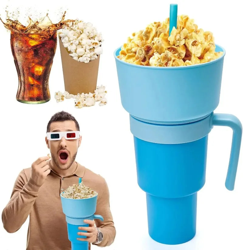 New 2 IN 1 Creative Popcorn Snack Cup Integrated Beverage Cup with Handle Portable Beverage Cup Novel Design and Many Functions
