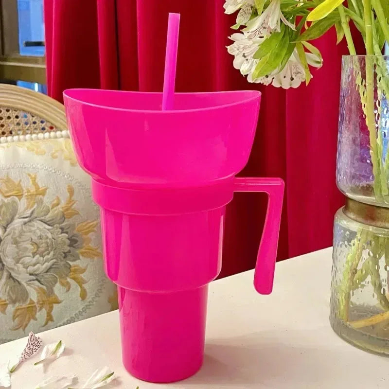 New 2 IN 1 Creative Popcorn Snack Cup Integrated Beverage Cup with Handle Portable Beverage Cup Novel Design and Many Functions