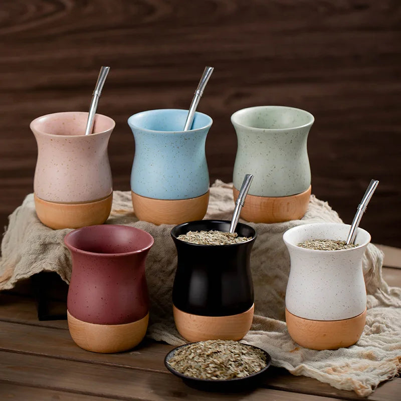 Creative Retro Wooden Coarse Clay Mate Cup 250ml Ceramic Yerba Mate Tea Cup Wood Base (no straw)