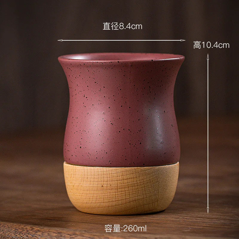 Creative Retro Wooden Coarse Clay Mate Cup 250ml Ceramic Yerba Mate Tea Cup Wood Base (no straw)