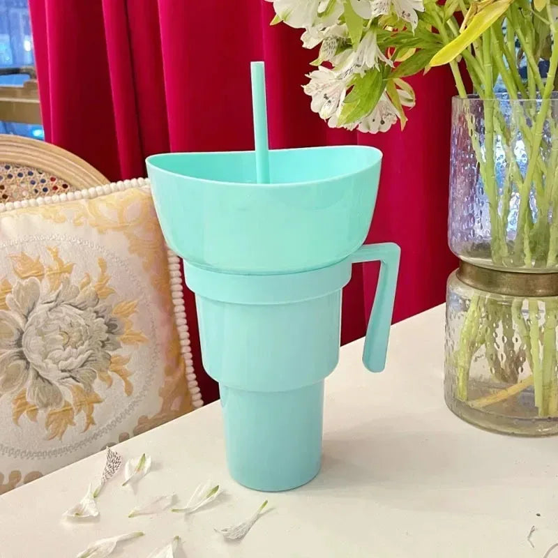 New 2 IN 1 Creative Popcorn Snack Cup Integrated Beverage Cup with Handle Portable Beverage Cup Novel Design and Many Functions
