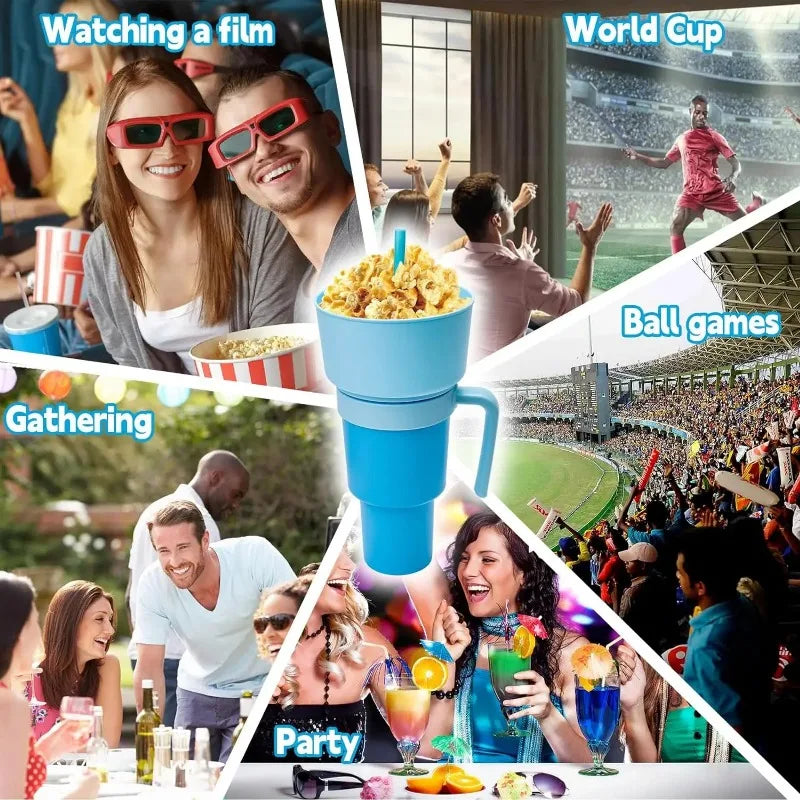 New 2 IN 1 Creative Popcorn Snack Cup Integrated Beverage Cup with Handle Portable Beverage Cup Novel Design and Many Functions